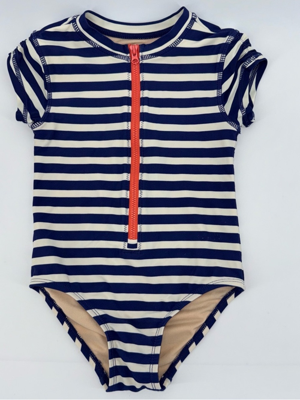 Tea Collection Girls Navy & White Striped Zip-Front One-Piece Rashguard Swimsuit